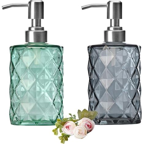 Dispensador de jabón de vidrio azul, 350 ml, bomba de diamante, diseño moderno de estilo rústico, para encimera/lavadero.