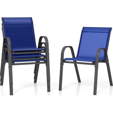 Set di 4 sedie da patio impilabili in metallo con braccioli, Sedie da pranzo in tessuto traspirante Blu (1/5)
