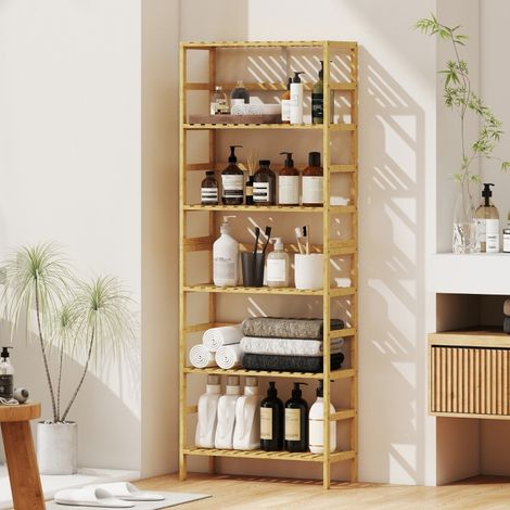 Étagère 6 niveaux 60x26x161 cm en bambou naturel, avec rangement gain de place pour salon FLORAGRACE (1/5)