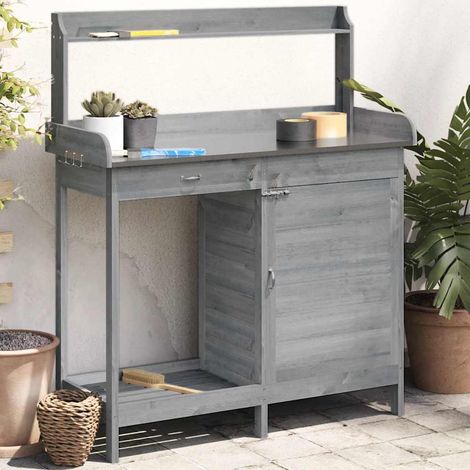 Table de jardinage avec armoire, grise, 110,5 x 45 x 124,5 cm, en sapin massif (1/5)