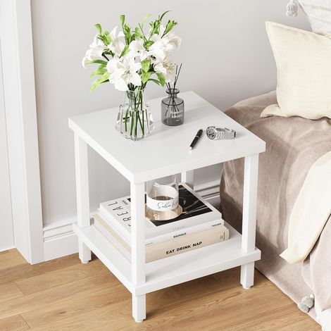 Table D'appoint Carrée 50x50x58cm 2 Niveaux Bout de Canape Table de Chevet Meuble Salon Chevet de lit Petit Meuble de Rangement Salon Chambre Bureau Entrée Carré Blanc LET510W (1/5)
