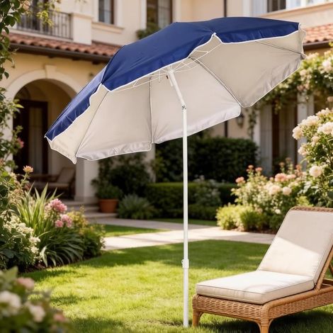 Parasol de plage inclinable octogonal Ø 160 cm bleu, protection UPF50+, 8 baleines, mât blanc (1/5)