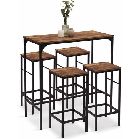 Idmarket – Ensemble table haute de bar 100 cm – 4 chaises bois foncé effet vieilli – Structure métal noir – Design industriel