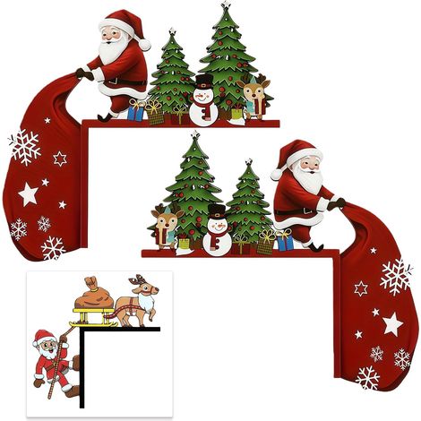 3 Pièces Décoration De Noël Porte, Cadres De Porte en Bois avec Père Noël, Bonhomme De Neige Et Renne, Cadres D’Angle Amusants pour Cuisine Salle De Bain Balcon, avec Autocollants (1/5)