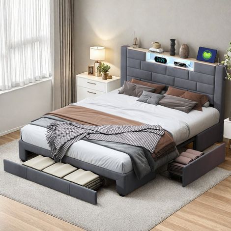 Lit coffre adulte 160 x 200 avec bande LED - Lit double gris avec 3 tiroirs - Ports USB et Type-C - Velour - Tête de lit rembourrée avec espace de rangement (1/5)