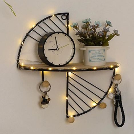Étagère murale Noir sphérique semi-circulaire multifonctionnelle avec crochets, étagère de rangement, avec 2m guirlande lumineuse (1/4)