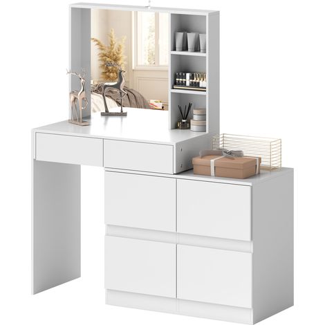 Coiffeuse avec grand miroir, 4 tiroirs, 3 compartiments ouverts, 2 placards, MDF, blanc (1/5)