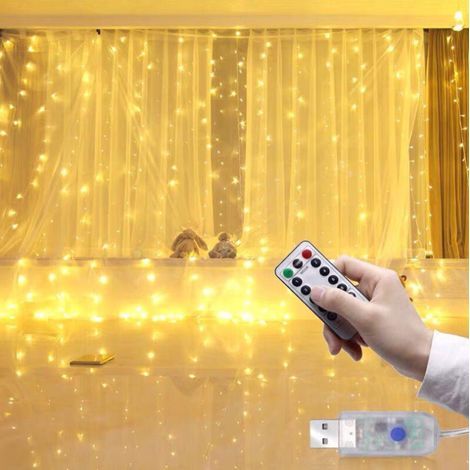 Lichterkette für Vorhänge, mit Haken, USB-Anschluss, 300 LEDs, 3 m x 3 m, 8 Beleuchtungsmodi, Fensterdekoration, Weihnachten, Hochzeit, Geburtstag, Zuhause, Terrasse (Warmweiß) (1/5)