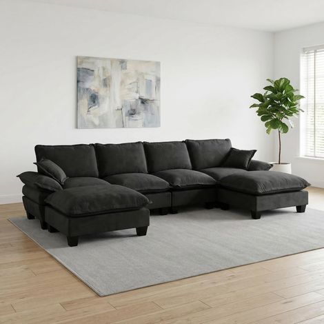 Canapé d’angle modulable en chenille noire 323x151x90 cm avec ottomane amovible (1/5)