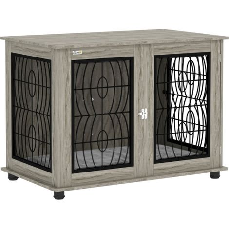 Grey Indoor Dog Crate Furniture with Washable Cushion and Lockable Door for Large Dogs-Stylish End Table Design (1/5)