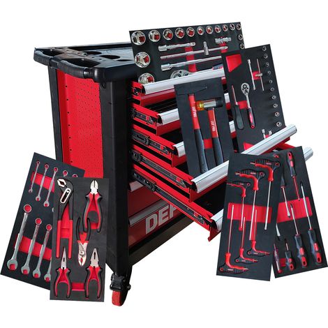 Defpro – Servante d'atelier 7 tiroirs – Charge 200 kg – Hauteur 97 cm – 4 roues avec frein – 71 outils inclus – Structure en acier robuste (1/4)