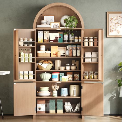 Armoire vitrine 80x40x180 cm naturel en MDF avec niche ouverte et rangements à portes (1/5)