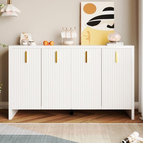 Buffet 140 cm, cloisons réglables, trois portes d'armoire, poignées dorées, style minimaliste moderne, adapté au salon et à la salle à manger - Blanc (1/5)