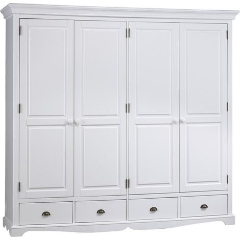 Beaux Meubles Pas Chers – Armoire penderie blanche 4 portes 4 tiroirs – Structure MDF avec finition vernis – Dimensions L 212 x H 195 x P 54 cm – Poignées métal et bois