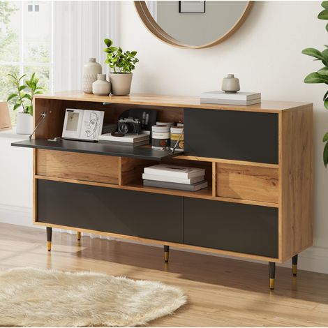 Credenza multifunzionale 140 x 40 x 84,5 cm naturale e nero con 2 cassetti e ante ribaltabili (1/5)