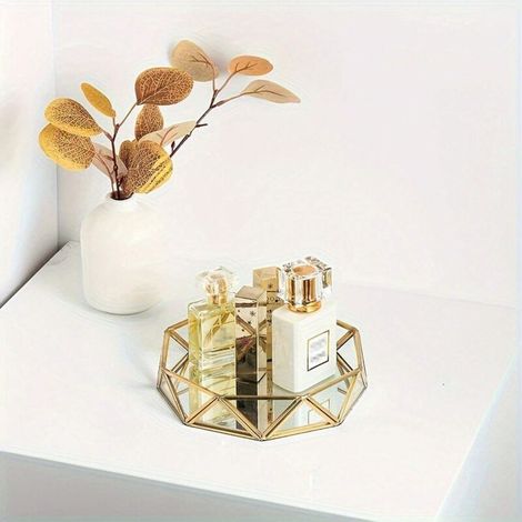 Plateau à parfum en verre luxueux avec bordure dorée et miroir, de forme géométrique, pour bijoux et cosmétiques (ne convient pas au contact alimentaire) (1 pièce) (1/4)