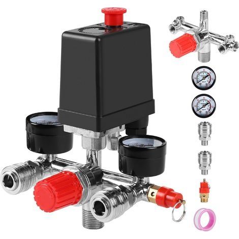 240V Pressostat Compresseur d'Air Regulateur de Pression pour Air Compresseur avec Manomètre Soupape de Sécurité Raccords 90-120 PSI Valve de Contrôle du Pressostat du Compresseur d'Air (1/5)