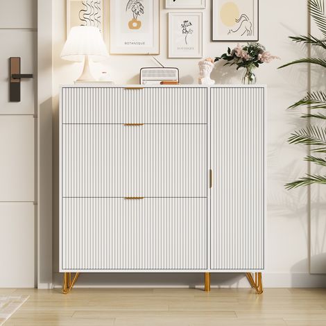 JOOKGBD-Schuhschrank mit 3 Klappen und 1 Türen 110 x 24 x 111,5 cm, Schuhkipper schmal,Schuhkommode,versteckt, Klappschubladen, Mehrere Ablageebenen,für Schlafzimmer, Wohnzimmer,Flur,Weiß