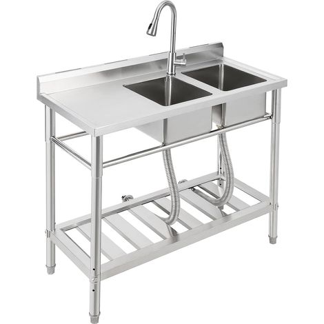 Évier sur pied inox 2 bacs douchette extractible 99x46x102 cm
