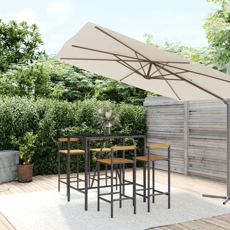 Ensemble Table de bar + 4 Chaises de bar de jardin - Table Haute avec 4 Tabourets noir poly rotin/bois massif acacia BV941538 - BonneVie (1/5)