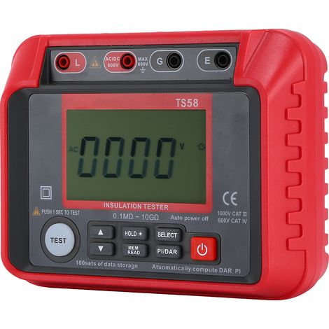 TS58 Megohmmetre Numerique Testeur Resistivite Isolement 0.1MΩ-10GΩ Ecran LCD Retroecrante AC DC 10-600V 2000 Comptes DAR PI Kit avec Sac Zipp (1/5)