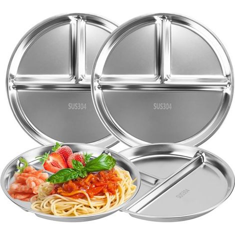 Platos para control de porciones Juego de 4 platos divididos de acero inoxidable de 9" platos llanos reutilizables (4) (1/2)