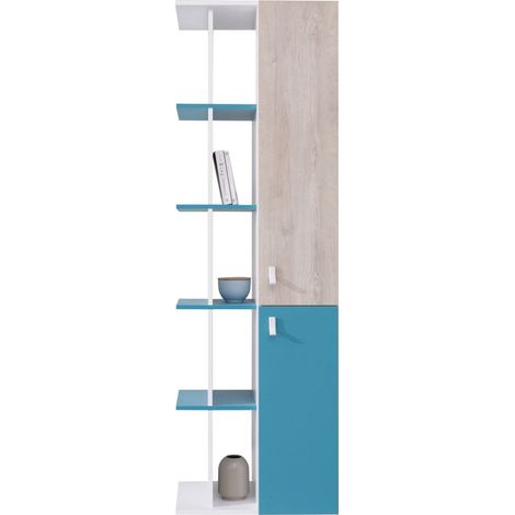 Estantería Camteso 103, Blanco + Roble + Turquesa, Con puertas, Aglomerado laminado, Número de puertas: 2, Número de cajones: 0, 190x60x40cm