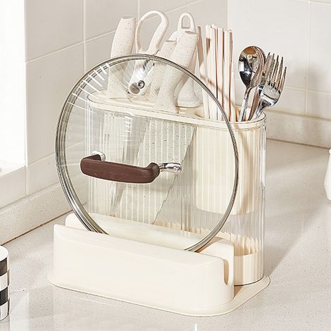 Étagère de rangement de cuisine élégante et de haute qualité, au design crème : porte-couteaux, support pour planches à découper, support pour couvercles de casseroles, porte-couverts et boîte de rang (1/5)