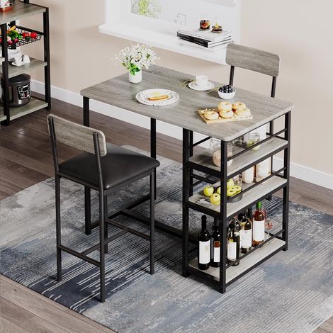 Ensemble Table de Bar Rustique 3 Pièces avec Rangement, Table Haute + 2 Chaises Rembourrées, Structure en Fer et MDF, Gris