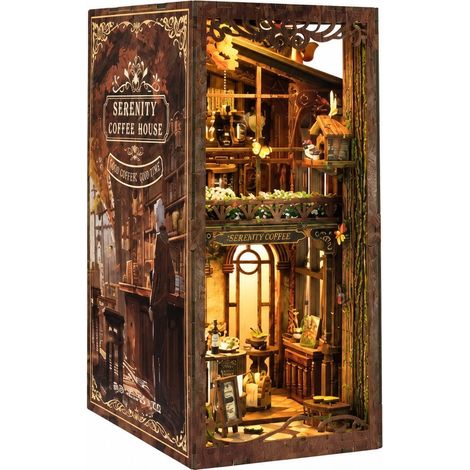 Serre-livres en bois à faire soi-même, maquette architecturale miniature de paysage faite main, maison de café silencieuse et créative en 3D (1/5)
