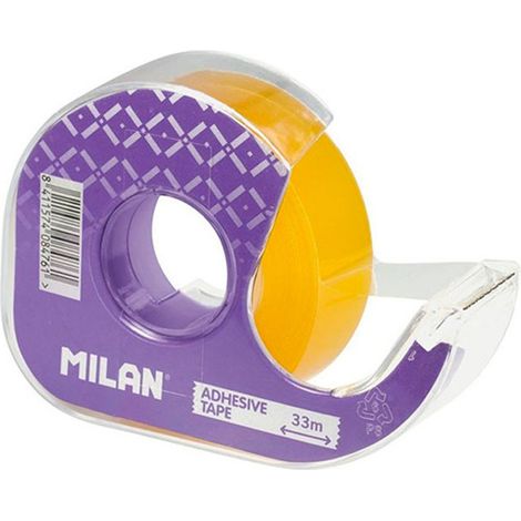 Cinta adhesiva transparente con dispensador. 
Características:
-Transparente
-Con dispensador
-Medidas: 19 mm. de ancho x 33 m. de largo
-Colores surt (1/5)