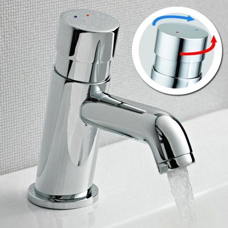Non Concussive Push Down Self Closing Round Chrome Basin Mono Mixer Tap Hot Cold (1/3)