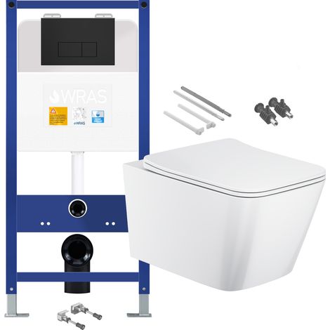 Gloss White Rimless Square Wall Hung Toilet with 1.10m Concealed Cistern Frame Set - Matt Black Plate