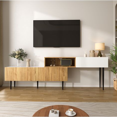 Mueble TV modular regulable, 2 piezas, madera y blanco, patas de metal negras HAVRYA (1/5)