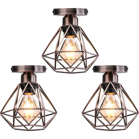 3 Piezas Lámparas de Techo Vintage Iluminación Plafón Metal Lámpara Colgante Diseño de Jaula de Hierro Bronce Rojo Ø16cm (1/5)