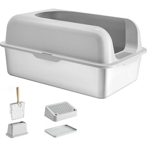 Katzentoilette aus Edelstahl, XL, 15 cm tief, mit Schaufel, hohen Seitenwänden, geruchsdicht, leicht zu reinigen, für große Katzen. (1/5)