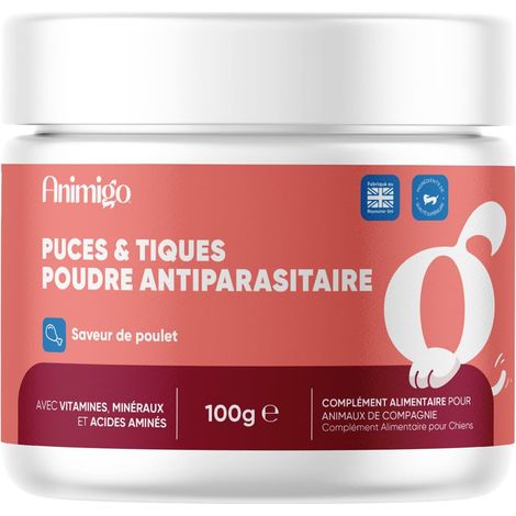 Anti Tiques Chien & Anti Puces 100g Poudre Alimentaire Saveur Poulet - Antiparasitaire Chien & Anti Insectes avec Vitamines, Minéraux & Acides Aminés - Toutes les Tailles & Races, Adultes et Chiots (1/5)