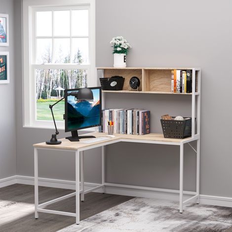 HOMCOM Escritorio en Forma de L Multifuncional Mesa para Oficina o Estudio con Estantes Altos Espacio Amplio Moderno y Minimalista 140x125x149 cm Color Madera (1/5)