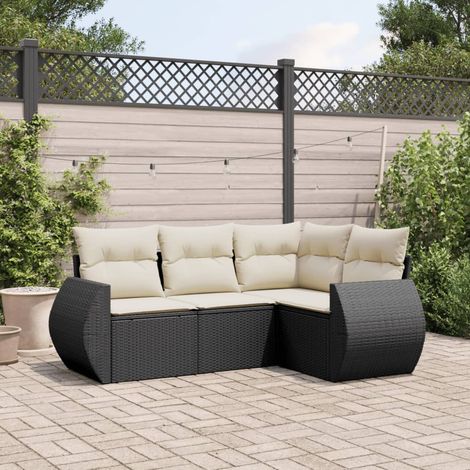 Salon de Jardin en Résine Tressée Noir 4 Pièces avec Coussins Crème - Ensemble Modulaire Durable pour Terrasse (1/3)
