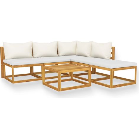 Muebles de jardín Muebles de exterior Juego de muebles de 6 piezas con cojín color crema de madera maciza de acacia 020016624 (1/5)