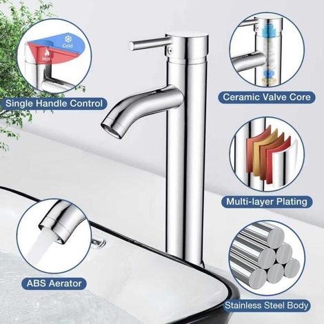 Grifo de baño alto, monomando para lavabo, con control de agua fría y caliente, acabado cromado. (1/4)