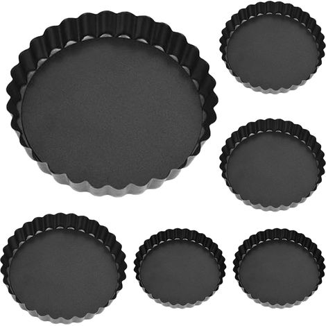 6 Pièces Moule à tarte, Acier au carbone, Fond amovible, Antiadhésif, Noir, Pour gâteau quiche pizza (1/5)
