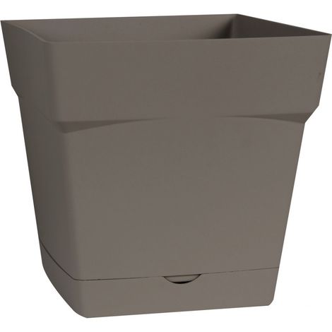 Quadratischer Kunststofftopf Toscane mit integriertem Untersetzer, Taupe, 24,8 x 24,8 x 24 cm