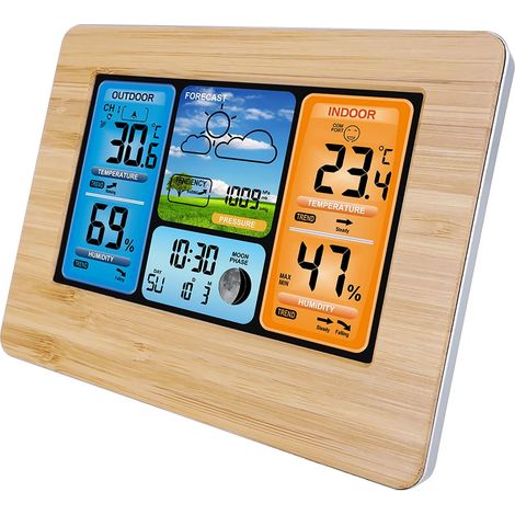 Wetterstationen Kabellos mit Innen Außen Sensor, LCD-Digitalwetterstation mit Alarm/Temperatur/Luftfeuchtigkeit/Barometer/Prognose/Mondphase/Wecker für Zuhause, Büro