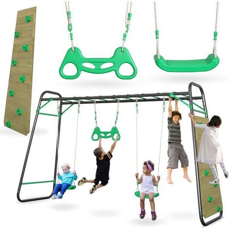 Spielstation - Spielplatz Garten Stahl 2 Sitze Kletterwand Max 200kg 368x112x222cm (1/5)