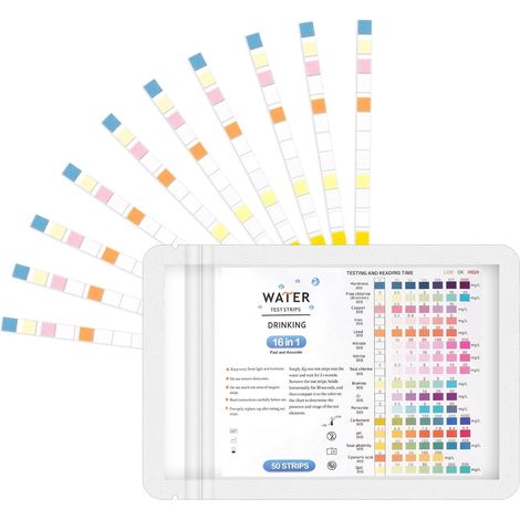 50 Bandelettes Spa et Piscine 16 en 1, Bandelettes Spa et Piscine, Bandelette ph piscine Bandes Test d'eau pour Test Brome, pH, Dureté, Chlore, Chlore Libre (50PC) (1/5)