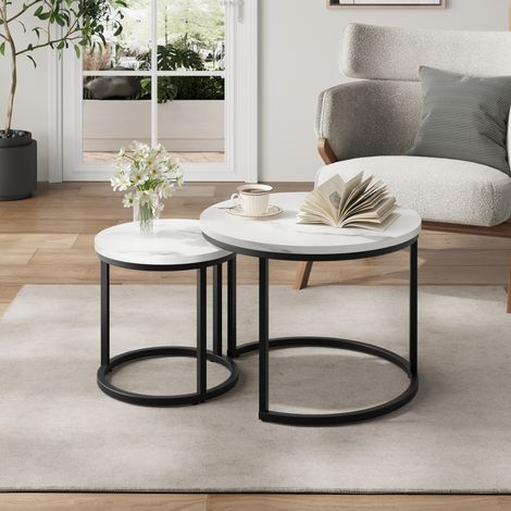 Mesa de centro nido redonda de 2 piezas, tablero efecto mármol blanco, metal negro DESVIAE (1/5)