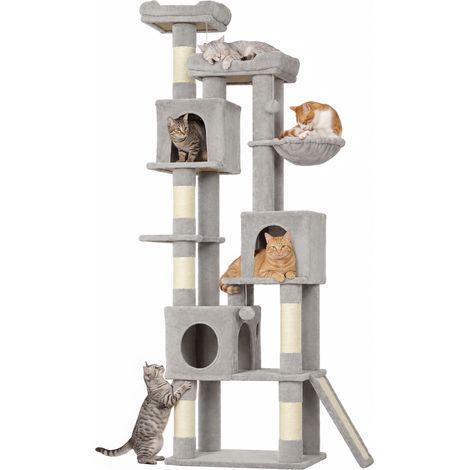 Kratzbaum Große, 200 cm hoch Katzenbaum mit 2 Betten, 3 Höhlen, Hängematte, 3 Bällen für 1-3 Katzen unter 6 kg, Hellgrau (1/5)