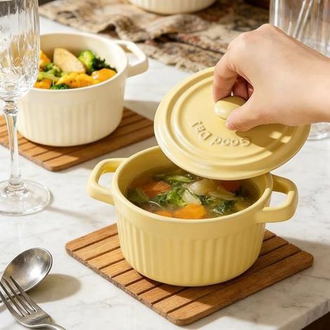 Mini Cocotte - Céramique - Pour Four Et Micro-ondes - 400 Ml - Avec Couvercle Et Poignées - Blanc - 1 Pièce (1/5)
