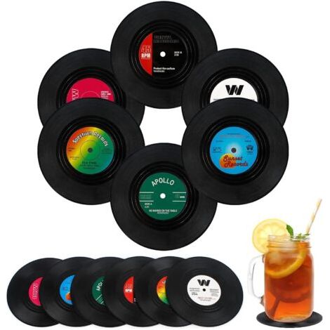 CSPARCV Vinyl Coasters, 12 Pieces, Retro CD Coasters, Non-Slip, Insulating Vinyl Placemats to Protect Hot and Cold Drinks, Coffee, Tea, Beer and Wine Glasses